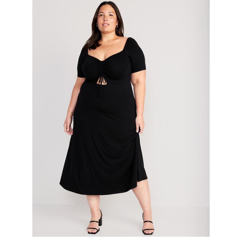 Old Navy Black Midi Dress Short Sleeve Sz 4X Jersey Stretchy Ruched Sweetheart‎